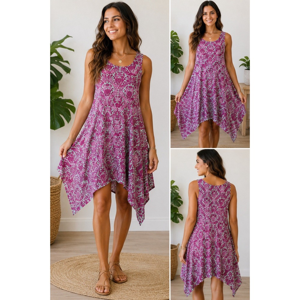 Malabar Bay Women's Small Floral Sleeveless Handkerchief Hem Dress Organic Cotto